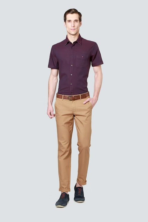Purple Button-down Shirt with Brown Pants