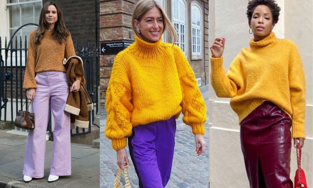 Yellow Knitted Top with Deep Purple Pants