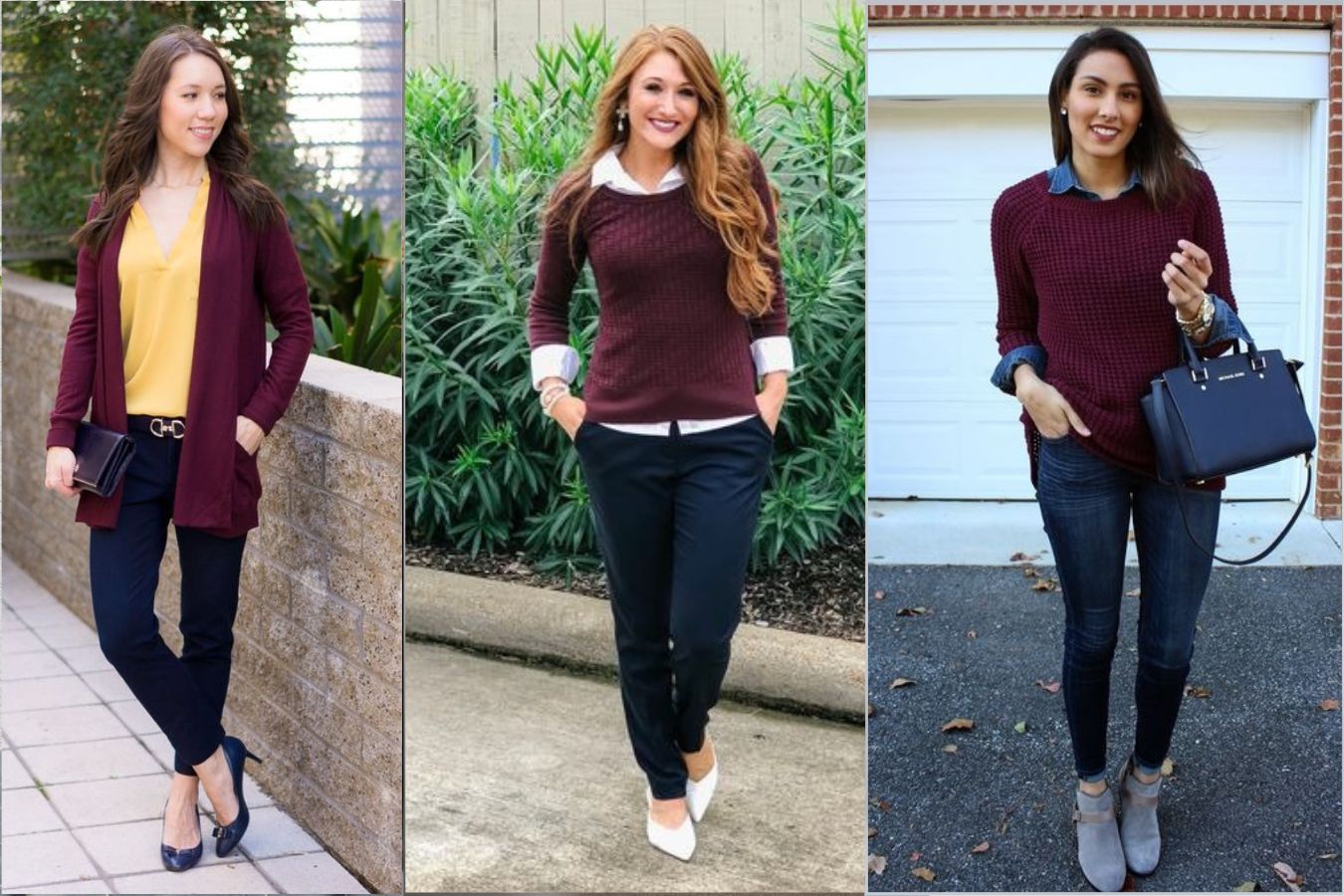 navy pants burgundy shirt