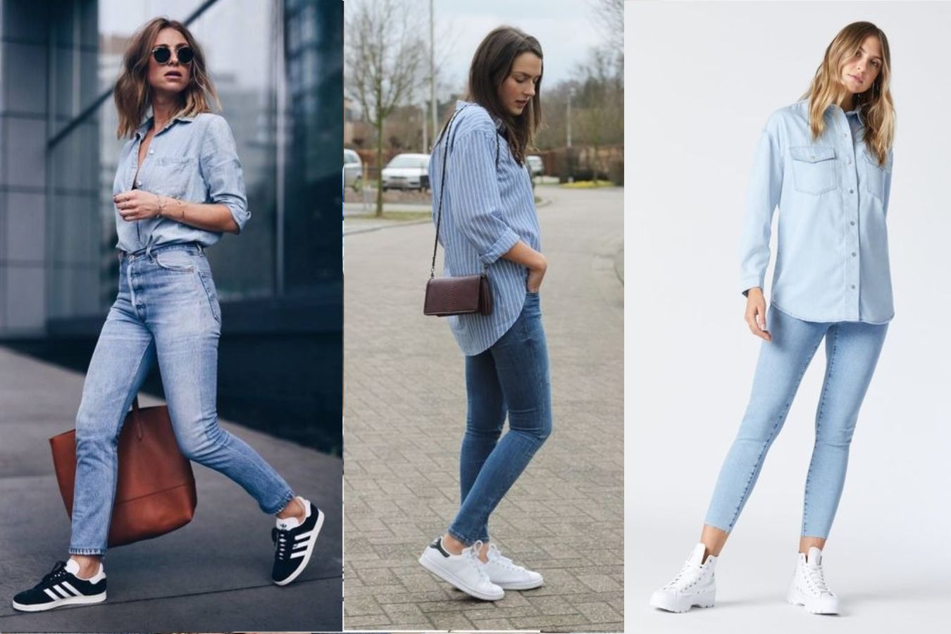 Pair Light Blue Jeans With Blue Button-Up Shirts And Sneakers