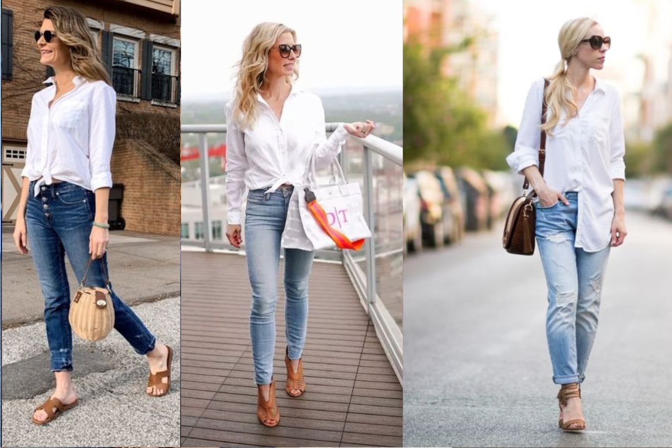 Pair Light Blue Jeans With Classic White Button-up Shirt And Brown Shoes