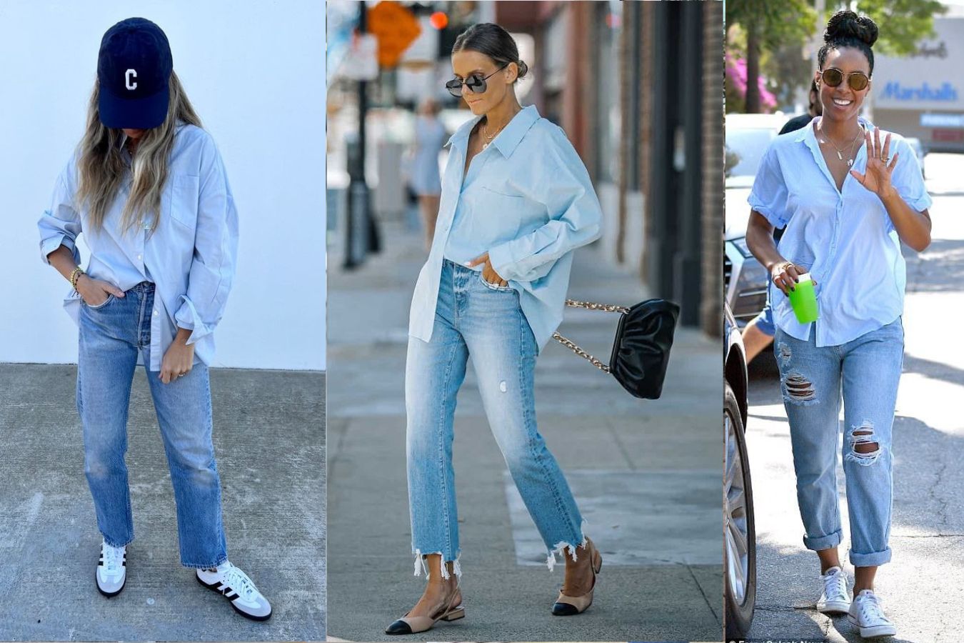 Pair Light Blue Jeans With Navy Blue Button-up Shirt And Sneakers