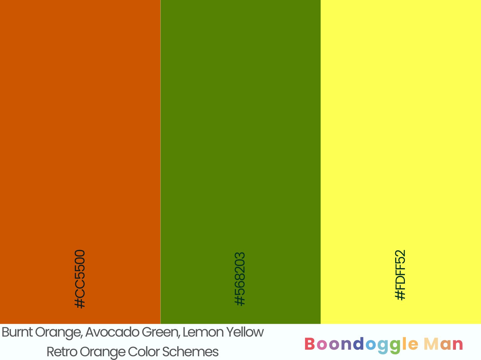Burnt Orange, Avocado Green, Lemon Yellow